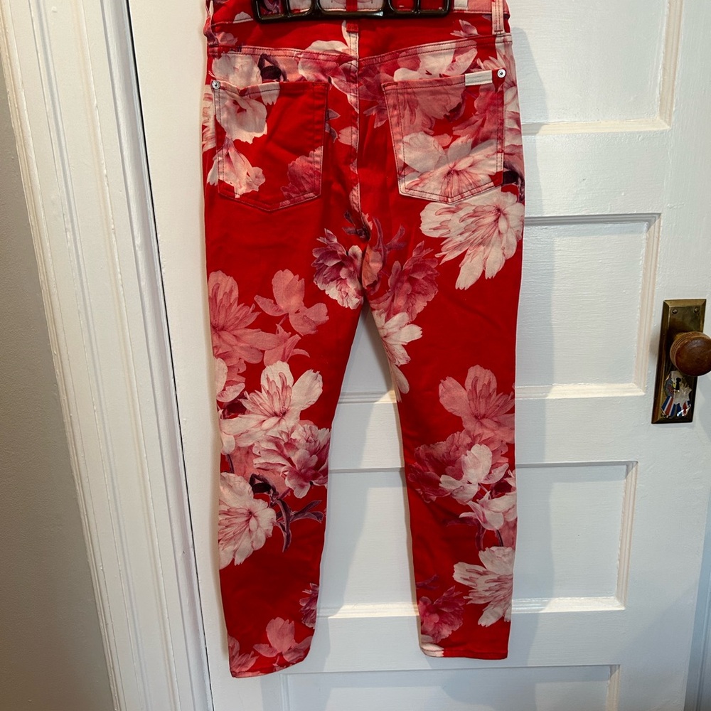 7 For All Mankind Red Skinny Jeans with Floral Design